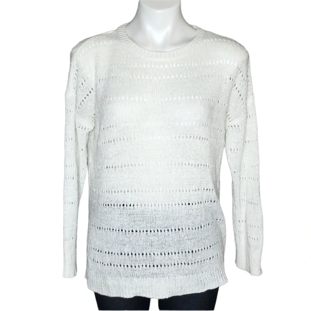 Pointelle white open knit sweater, medium